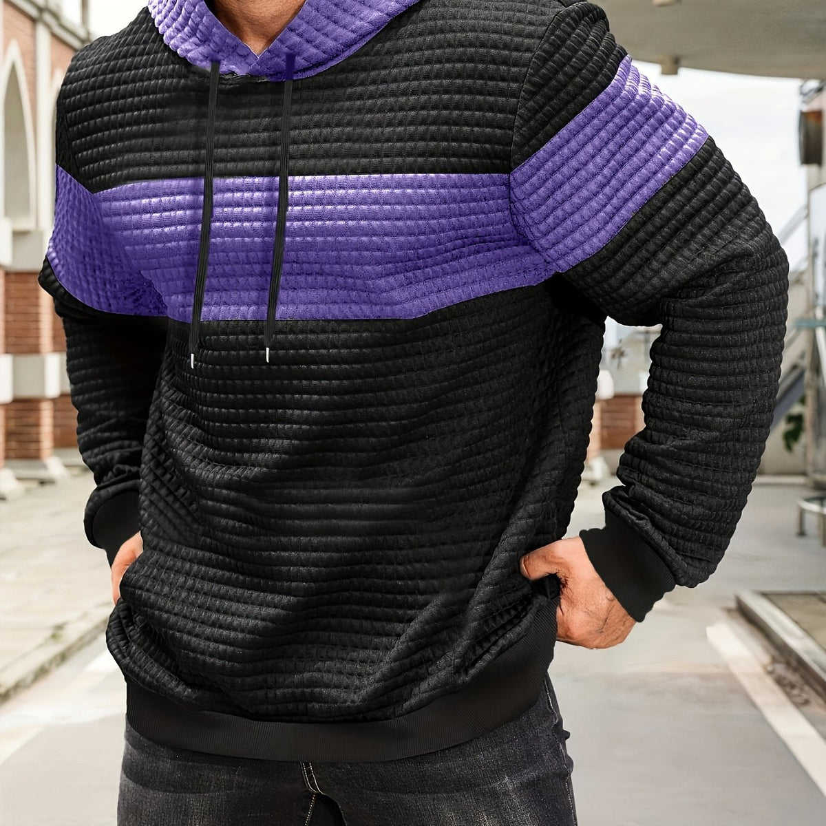 Rory | Textured Colour-Block Hoodie with Front Pocket - Purple