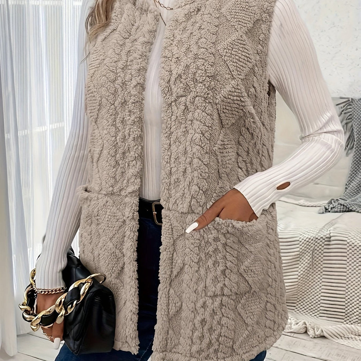 Textured Longline Gilet with Open Front in Khaki