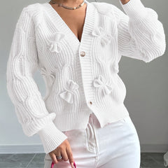 Feminine Cable-Knit Cardigan with Bow Details in White
