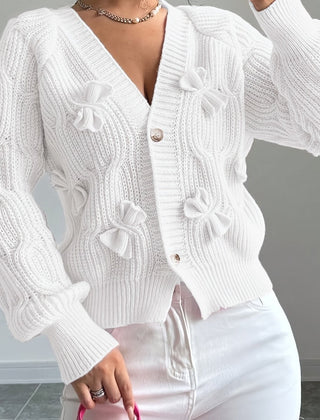 Feminine Cable-Knit Cardigan with Bow Details in White