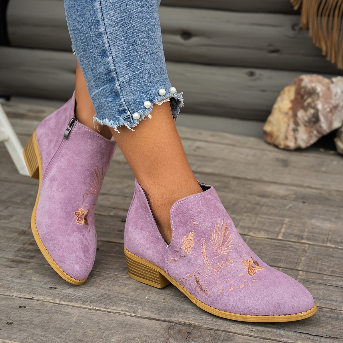 Seren | Embroidered Pointed Ankle Boots with Low Heel