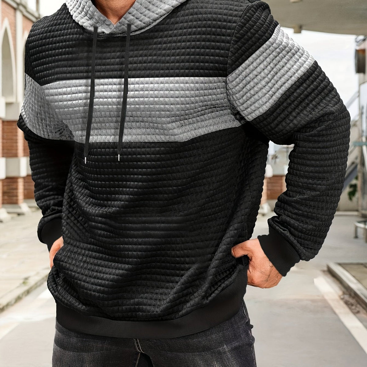 Rory | Textured Colour-Block Hoodie with Front Pocket - Light Grey