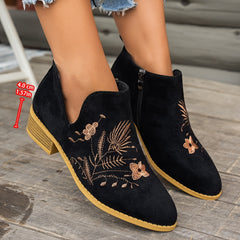 Seren | Embroidered Pointed Ankle Boots with Low Heel
