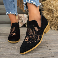 Seren | Embroidered Pointed Ankle Boots with Low Heel - Black