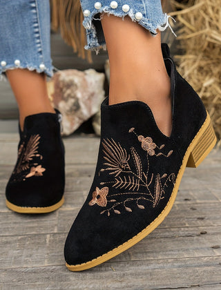 Seren | Embroidered Pointed Ankle Boots with Low Heel - Black
