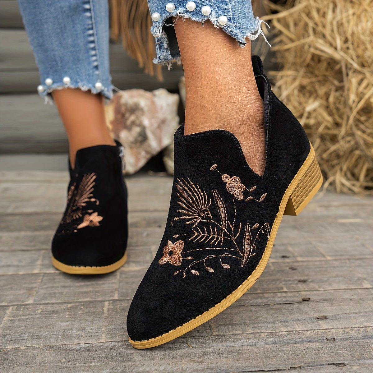 Seren | Embroidered Pointed Ankle Boots with Low Heel - Black