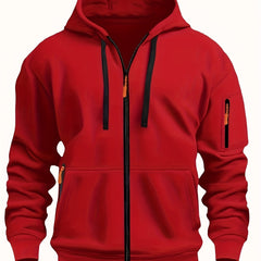 Ewan | Everyday Zip-Up Hoodie with Drawstring Hood - Red