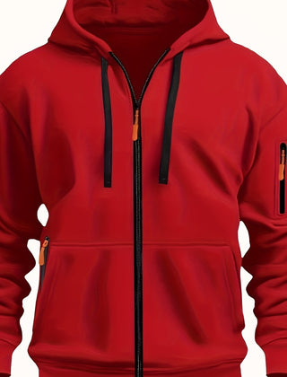Ewan | Everyday Zip-Up Hoodie with Drawstring Hood - Red