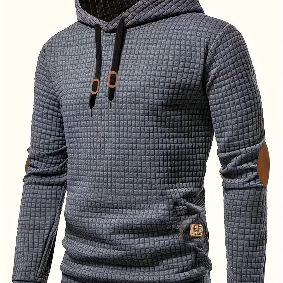 Hamish | Textured Relaxed Hoodie with Contrast Elbow Patches - Dark Grey
