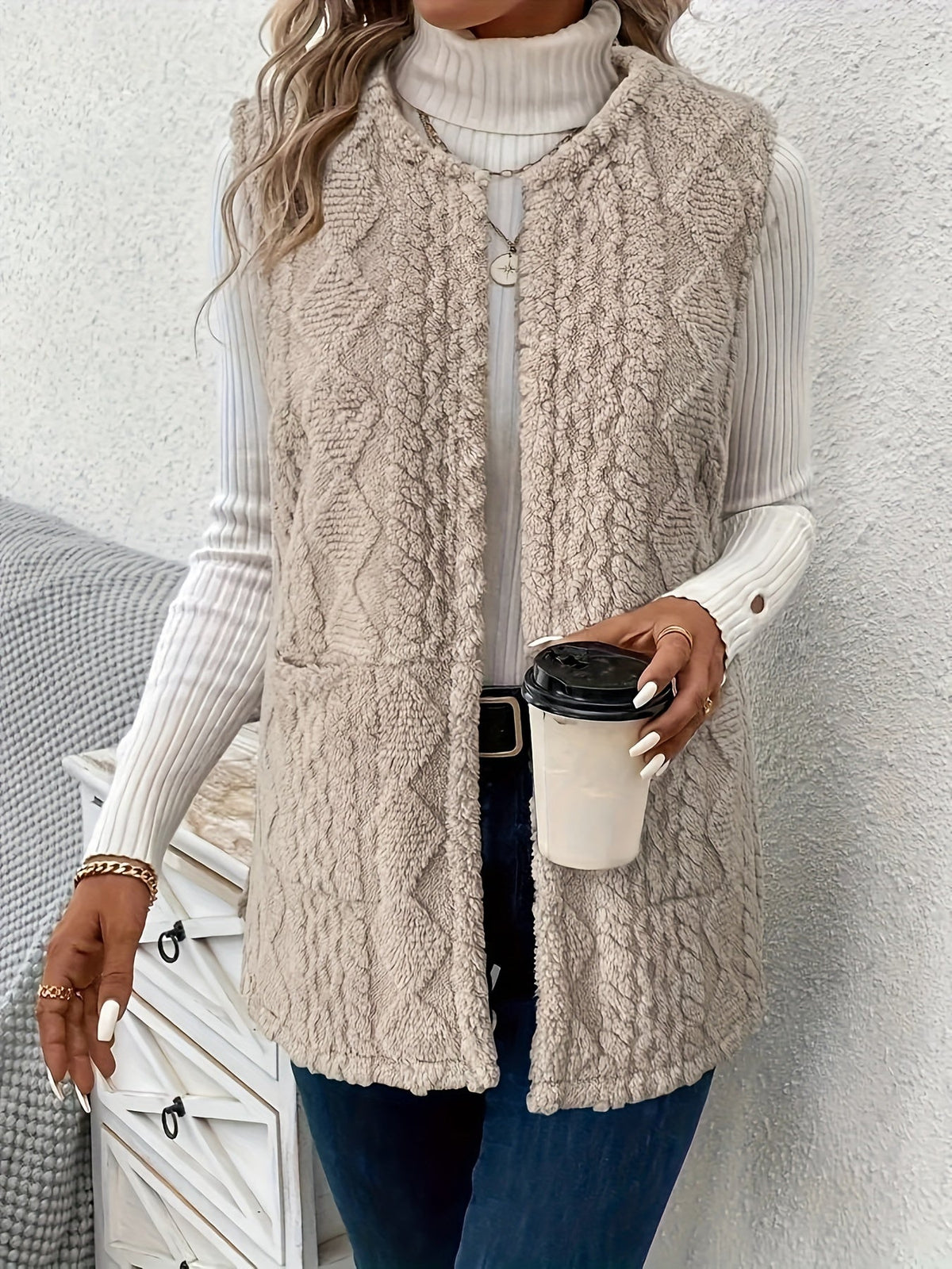 Textured Longline Gilet with Open Front