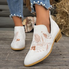 Seren | Embroidered Pointed Ankle Boots with Low Heel - White