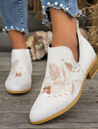 Seren | Embroidered Pointed Ankle Boots with Low Heel - White