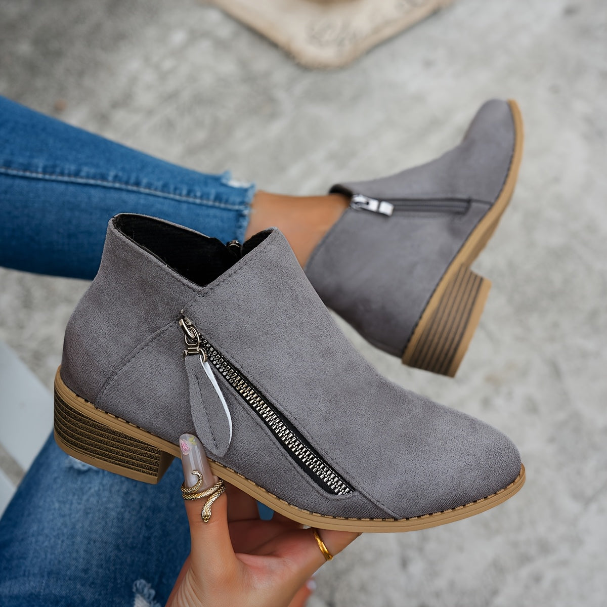 Lorna | Everyday Block Heel Ankle Boots with Side Zip - Grey