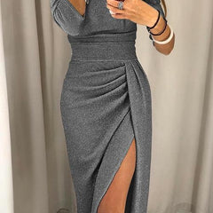 Celestine | Draped Off-Shoulder Dress with Subtle Slit - Grey