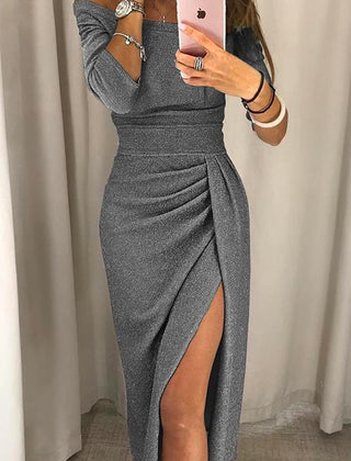 Celestine | Draped Off-Shoulder Dress with Subtle Slit - Grey