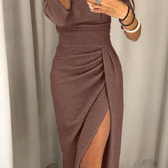 Celestine | Draped Off-Shoulder Dress with Subtle Slit - Brown