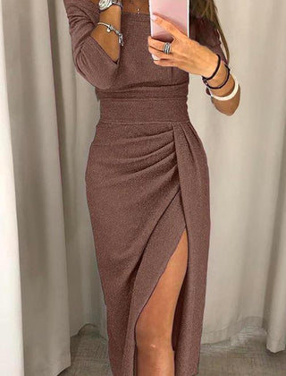 Celestine | Draped Off-Shoulder Dress with Subtle Slit - Brown