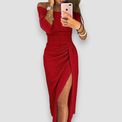 Celestine | Draped Off-Shoulder Dress with Subtle Slit