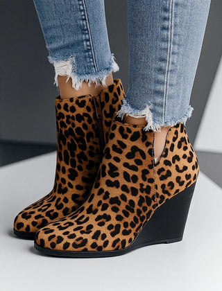 Sable | Sculpted Wedge Ankle Boots with Side Cut-Out - Leopard Print