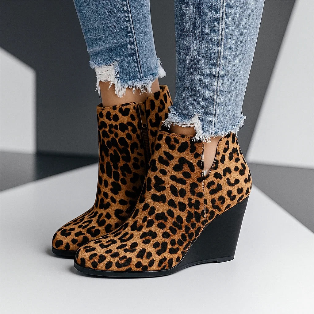 Sable | Sculpted Wedge Ankle Boots with Side Cut-Out - Leopard Print