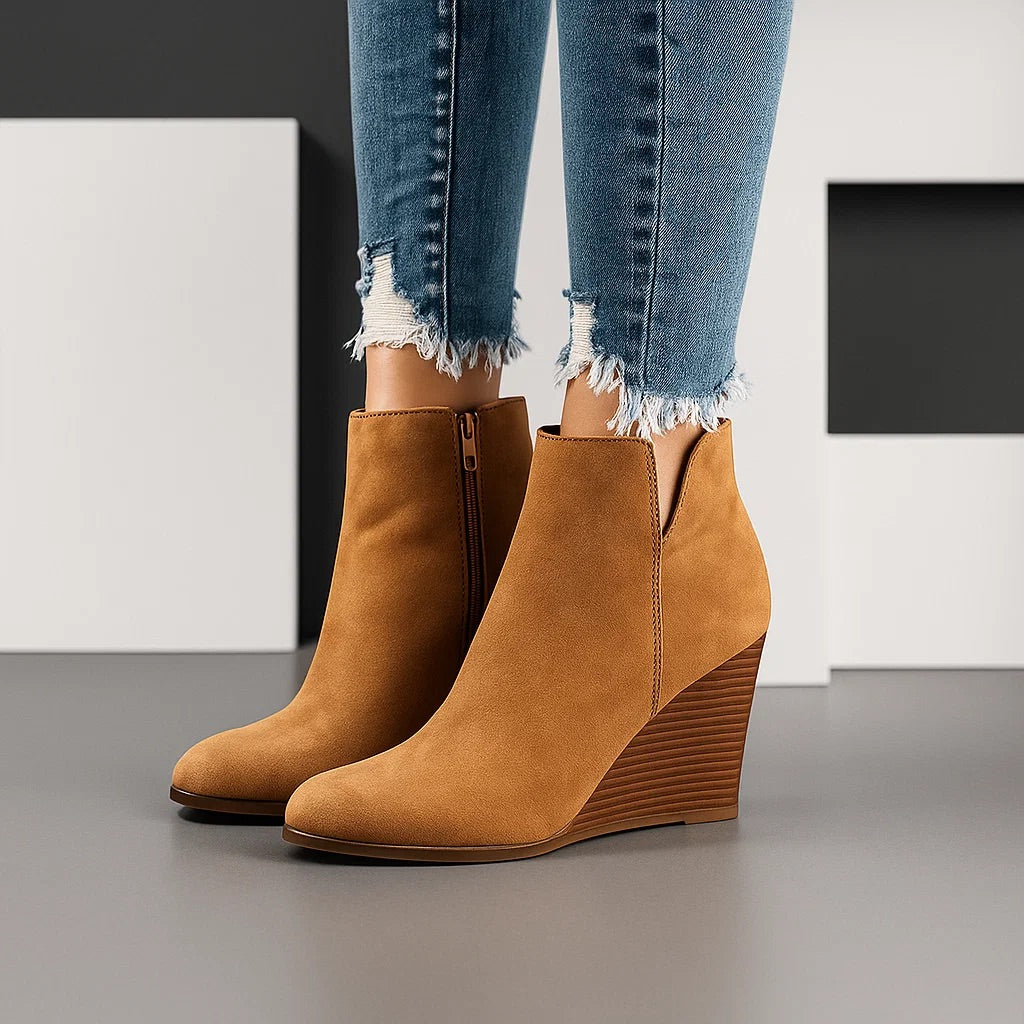 Sable | Sculpted Wedge Ankle Boots with Side Cut-Out - Khaki