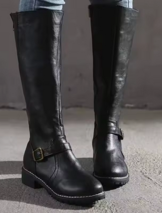 Calla | Sleek Knee-High Boots with Buckle Strap - Black