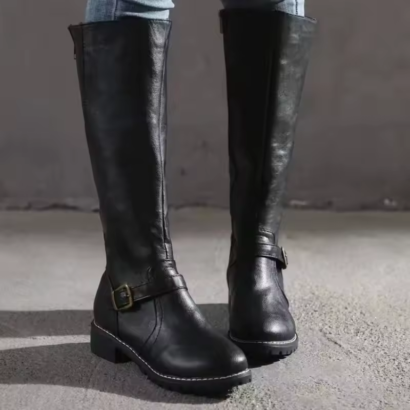 Calla | Sleek Knee-High Boots with Buckle Strap - Black