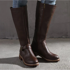 Calla | Sleek Knee-High Boots with Buckle Strap - Dark Brown