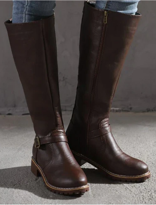 Calla | Sleek Knee-High Boots with Buckle Strap - Dark Brown