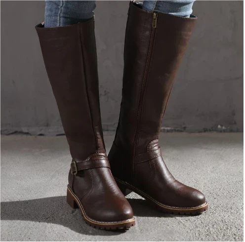 Calla | Sleek Knee-High Boots with Buckle Strap - Dark Brown