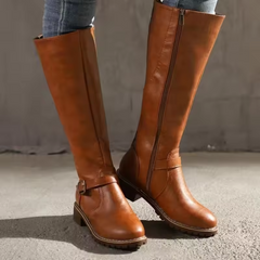 Calla | Sleek Knee-High Boots with Buckle Strap - Light Brown