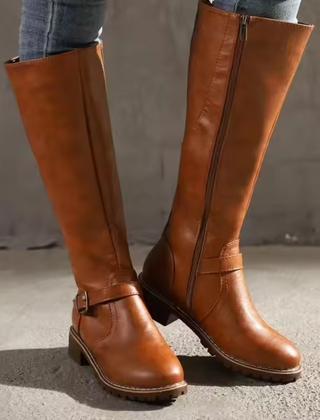 Calla | Sleek Knee-High Boots with Buckle Strap - Light Brown