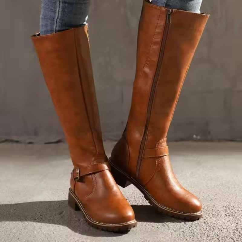 Calla | Sleek Knee-High Boots with Buckle Strap - Light Brown
