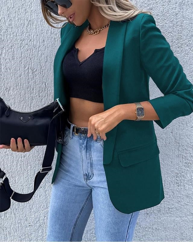Classic Open Front Blazer with Shawl Collar and Flap Pockets