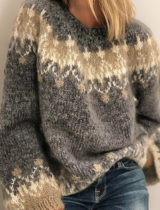 Nordic Fair Isle Jumper with Patterned Yoke in Light Grey