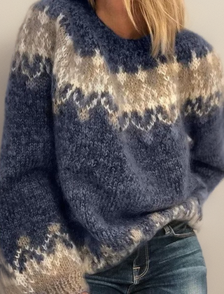 Nordic Fair Isle Jumper with Patterned Yoke in Blue