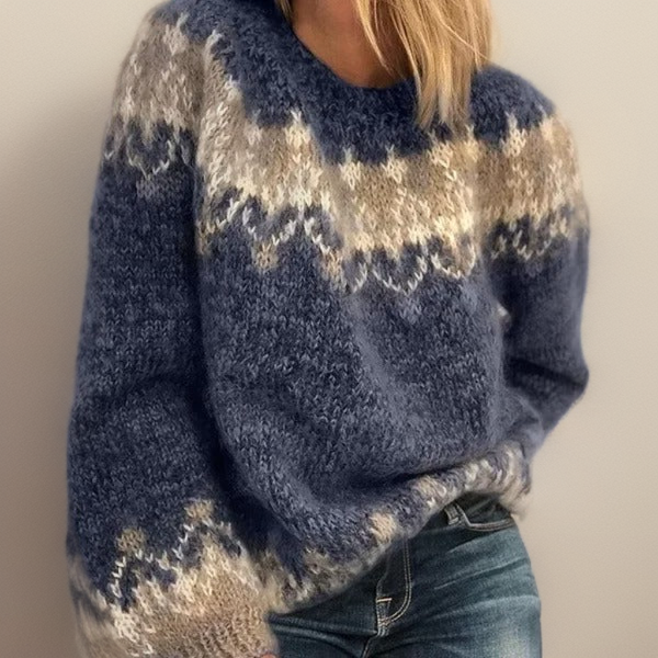 Nordic Fair Isle Jumper with Patterned Yoke in Blue