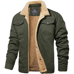 Rugged Snap-Button Jacket with Plush Stand Collar in Army Green