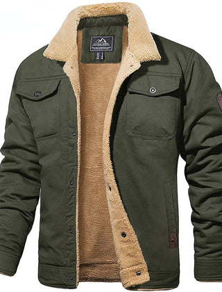 Rugged Snap-Button Jacket with Plush Stand Collar in Army Green