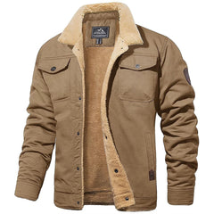 Rugged Snap-Button Jacket with Plush Stand Collar in Khaki