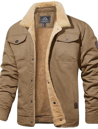 Rugged Snap-Button Jacket with Plush Stand Collar in Khaki