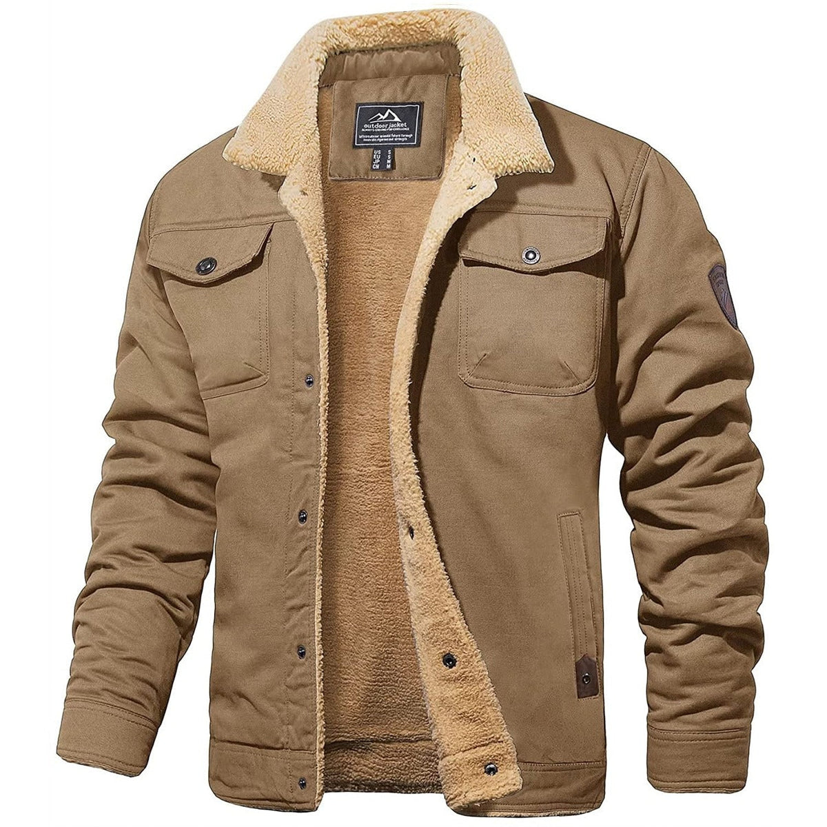Rugged Snap-Button Jacket with Plush Stand Collar in Khaki