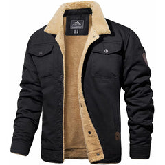 Rugged Snap-Button Jacket with Plush Stand Collar in Black