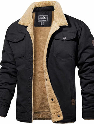 Rugged Snap-Button Jacket with Plush Stand Collar in Black