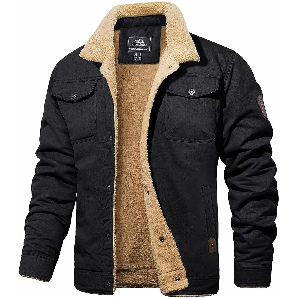Rugged Snap-Button Jacket with Plush Stand Collar in Black