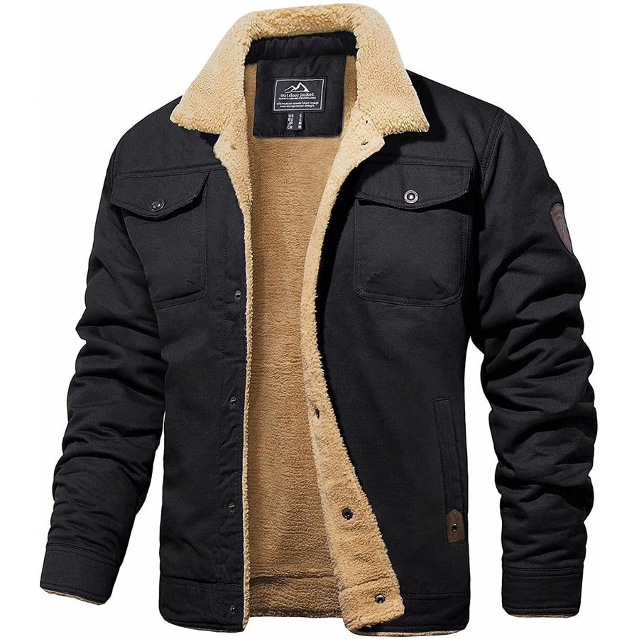 Rugged Snap-Button Jacket with Plush Stand Collar in Black