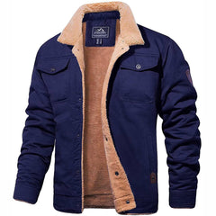 Rugged Snap-Button Jacket with Plush Stand Collar in Blue