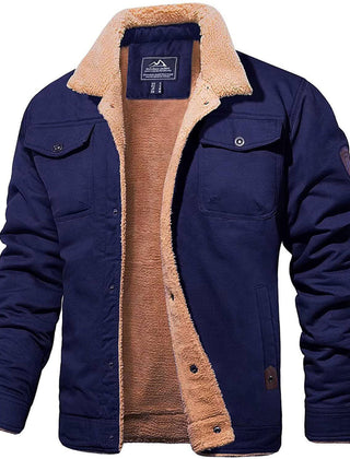 Rugged Snap-Button Jacket with Plush Stand Collar in Blue