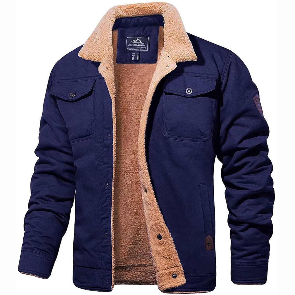 Rugged Snap-Button Jacket with Plush Stand Collar in Blue