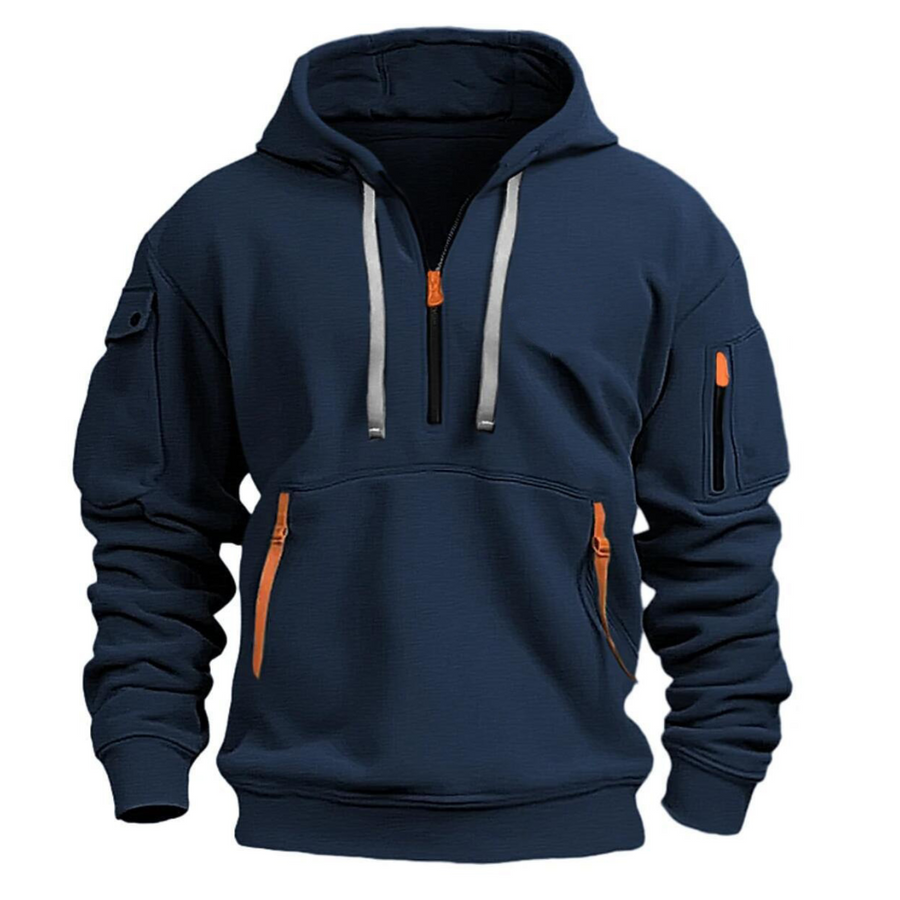 Relaxed Quarter-Zip Hoodie with Zip Pockets in Navy Blue